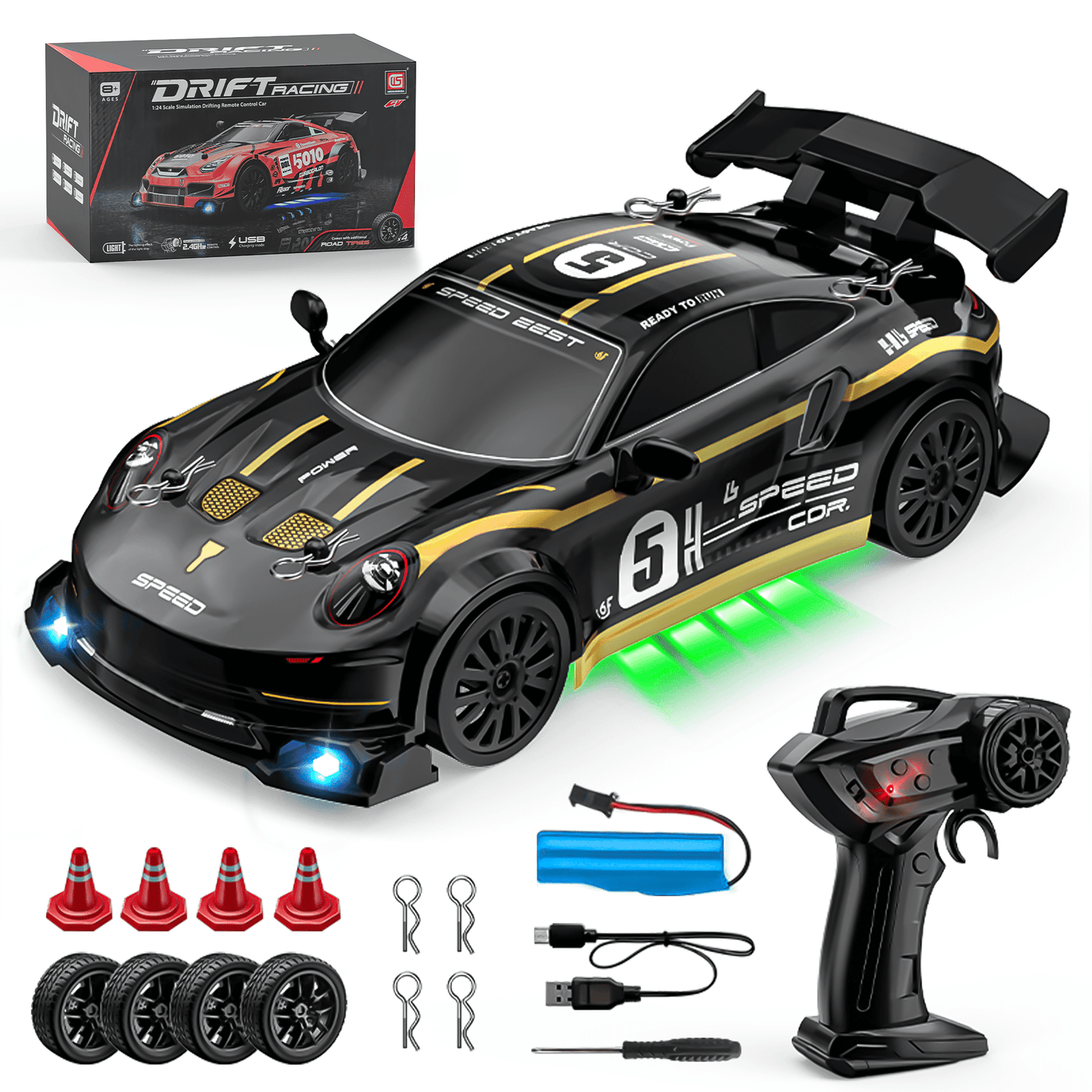 UUGEE RC Drift Car, 1:24 Remote Control Car for Kids, 20KM/H 4WD High Speed RC Cars with LED Lights, 4 Extra Drifting Tires, Vehicle for Adults Boys Girls 8-12£¬Black