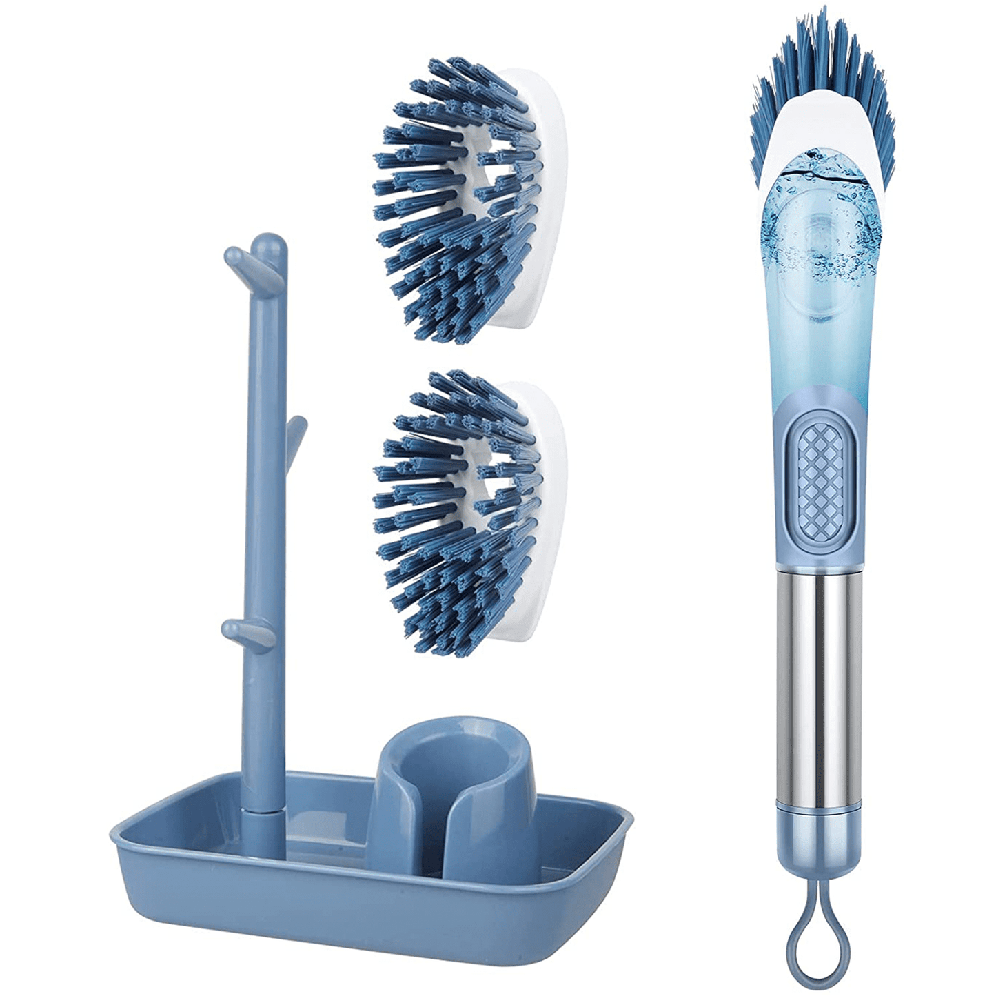 Dish Brush with Soap Dispenser Kitchen Scrub Brush with 3 Brush Replacement Heads for Pot Pan Sink Cleaning