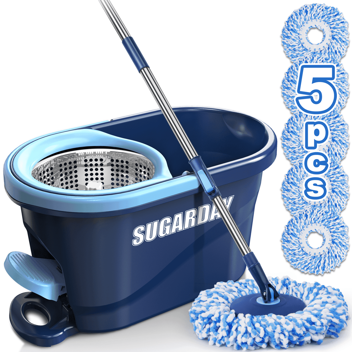 Spin Mop and Bucket with Wringer Set for Floors Cleaning Heavy duty System, Blue
