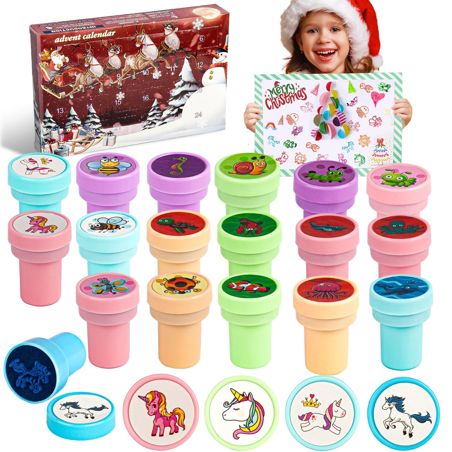 UUGEE Christmas Advent Calendar 2024 for kids, 24 Days Surprise Countdown Calendar Unicorn Self-Inking Stampers Toy, Set of 24 Xmas Gift