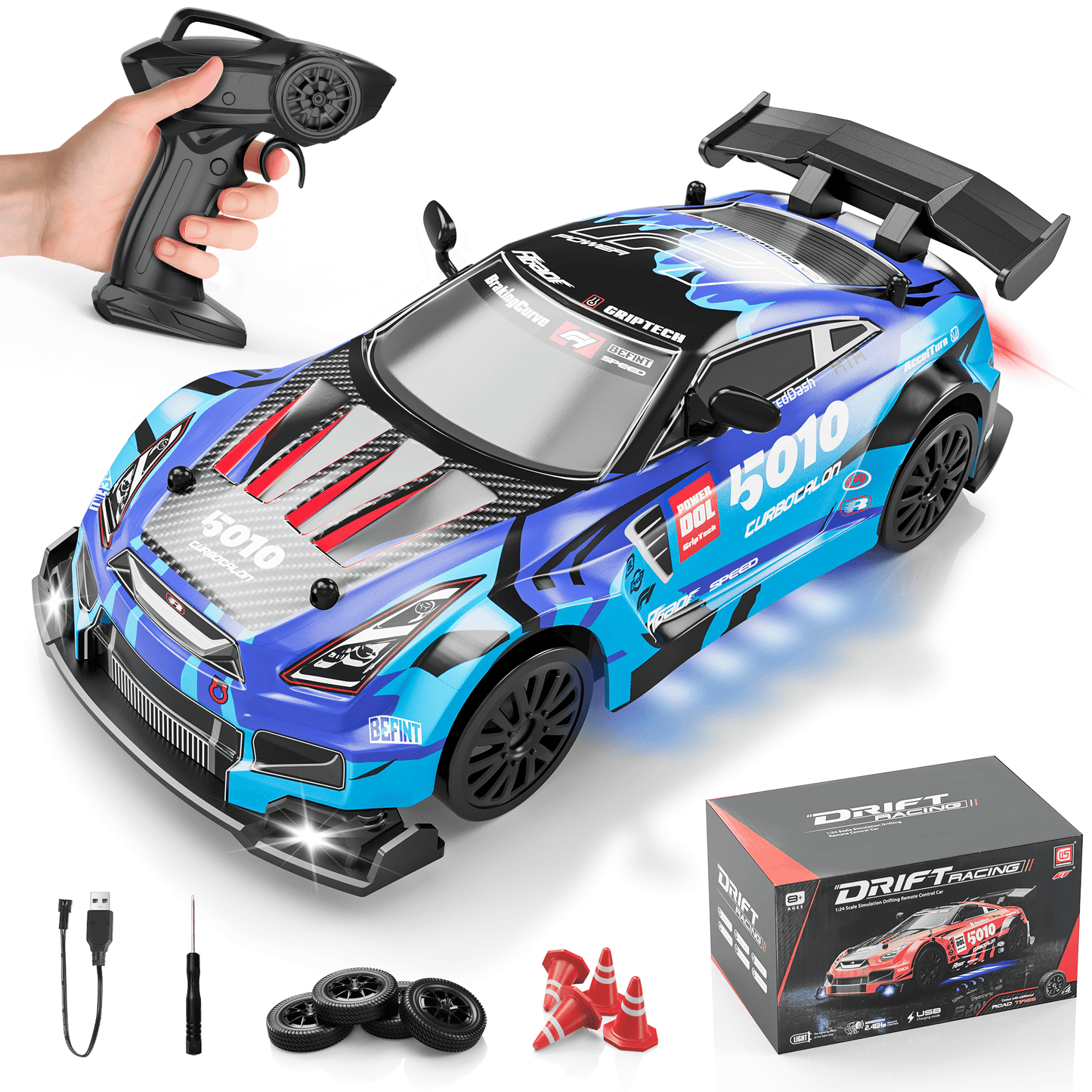 UUGEE Remote Control Car Toys, 2.4GHz RC Drift Car with Lights, 20KM/H 4WD High Speed RC Vehicle Racing, Gifts for 6-12 Boys Kids Adults, Blue