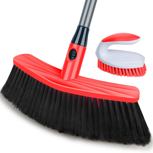 Push Broom Indoor Outdoor Scrub Brush Set 47'' Adjustable Long Handle Plastic, Red