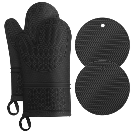 Silicone Oven Mitts and Pot Holder Sets Hot Pads for Kitchen Oven Gloves Heat Resistant, Pack of 4(Black)