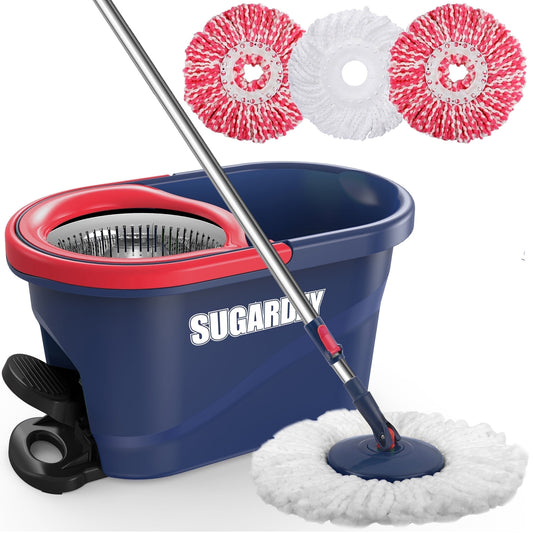 Spin Mop and Bucket System with Wringer Set for Floors Cleaning, Red
