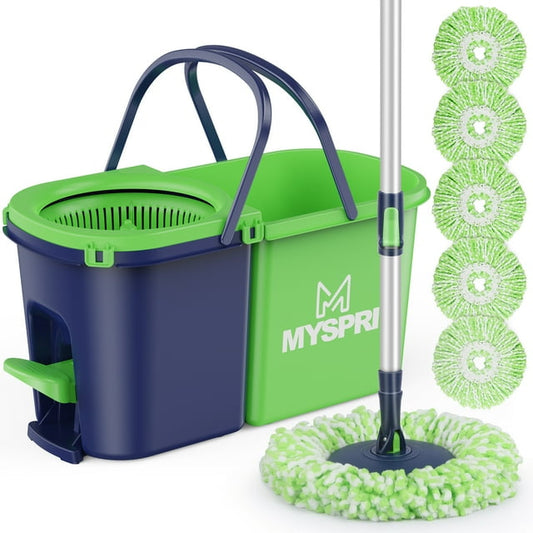 Spin Mop and Bucket with Wringer Set for Home Floor Cleaning, Separate Clean and Dirty Water System, 5 Reusable Microfiber Mop Pads - Green